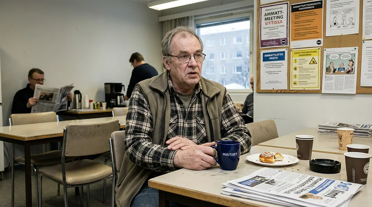 Jorma nojaa työpaikan kahvihuoneen pöytään ja näyttää huolestuneelta