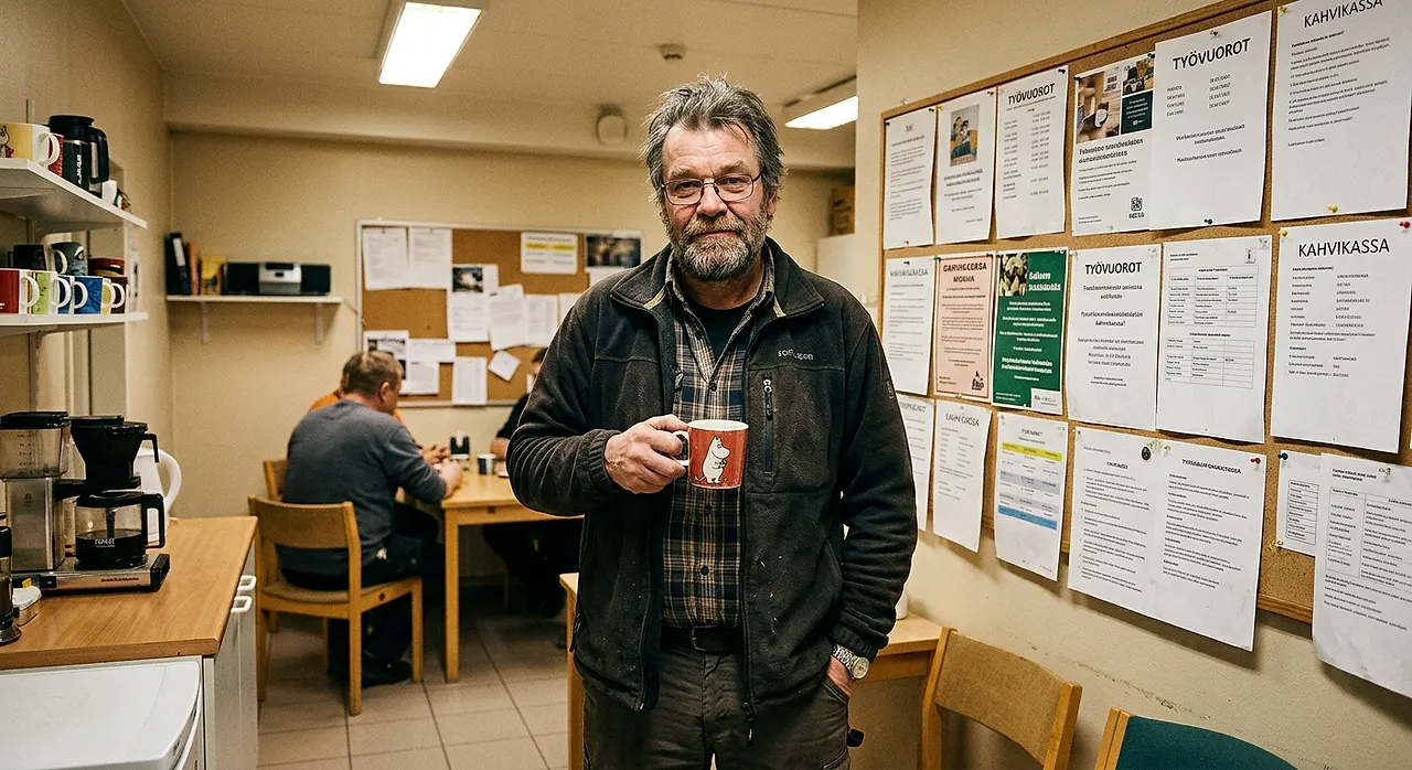 Jorma nojaa työpaikan kahvihuoneen pöytään ja näyttää huolestuneelta