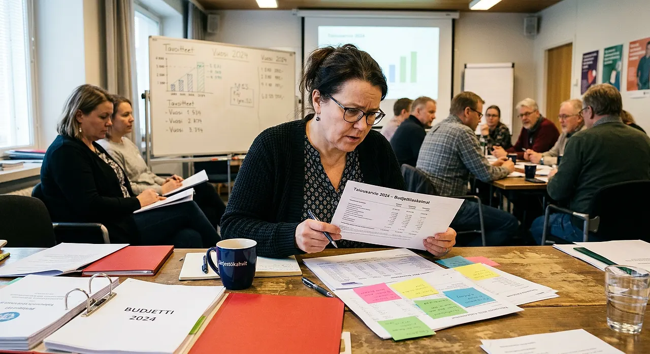 Liisa selaa järjestön budjettipapereita huolestuneena kokoushuoneessa