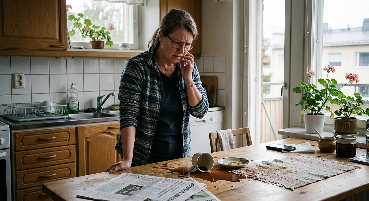 Kahvikuppi on kaatunut pöydälle ja Liisa katsoo sotkua huolestuneena