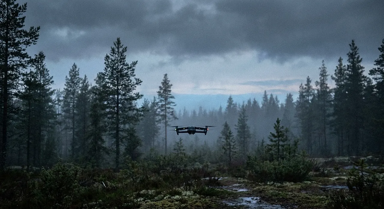 Musta drooni leijuu synkän suomalaisen metsän yllä.