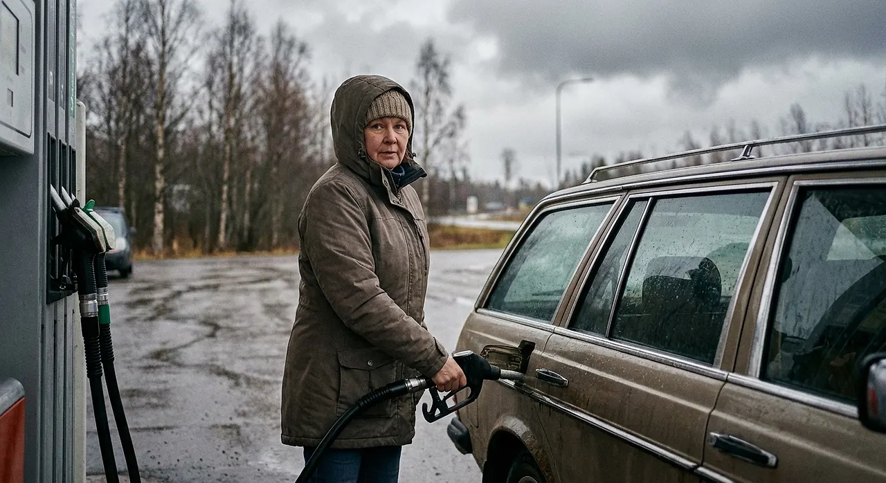 Vakavailmeinen nainen pitää kiinni bensiinipistoolista ja tankkaa henkilöautoaan.
